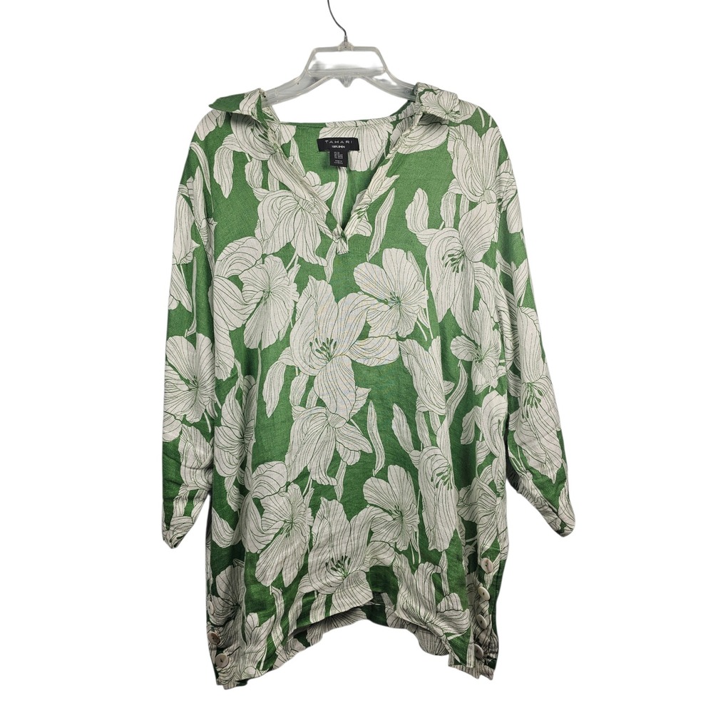 Tahari Tunic Top 100% Linen Floral Tropical Resortwear Green White Women 2X